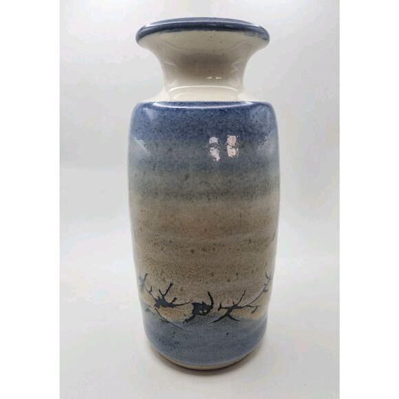 Bill Aitken Art Pottery Vase 7.5in Signed Blue Evergreen Pine Trees Stoneware - Picture 5 of 8